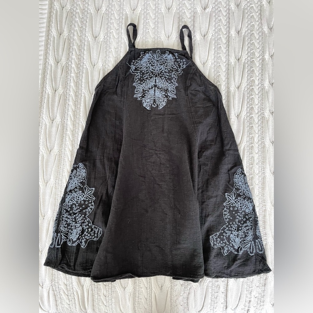 Free People Embroidered Tunic S Black Blue Boho Cotton Top
